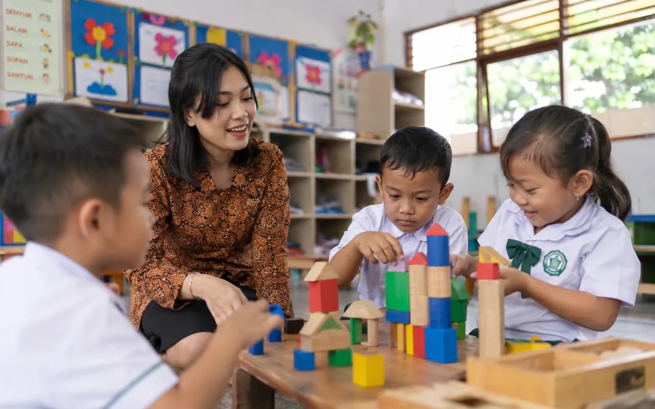 A kindergarten teacher building with wooden blocks alongside young children