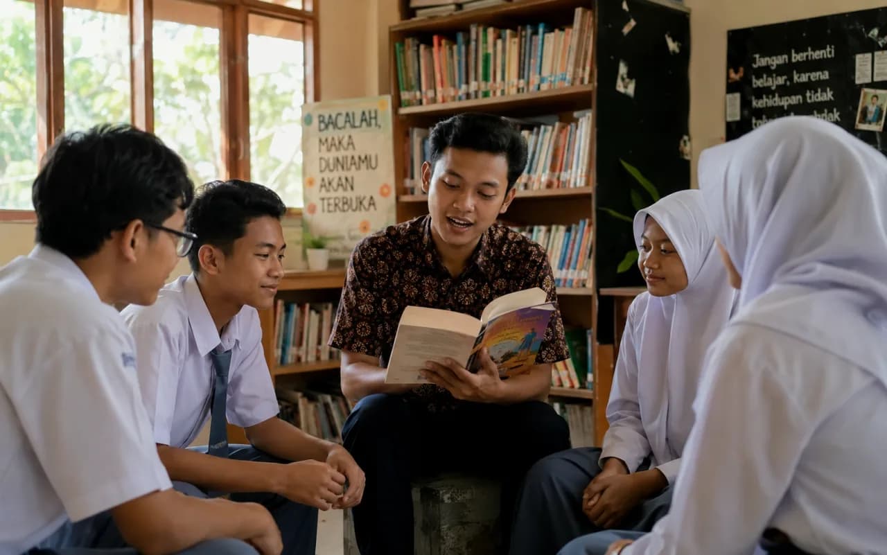 A teacher reading aloud to students in a school library