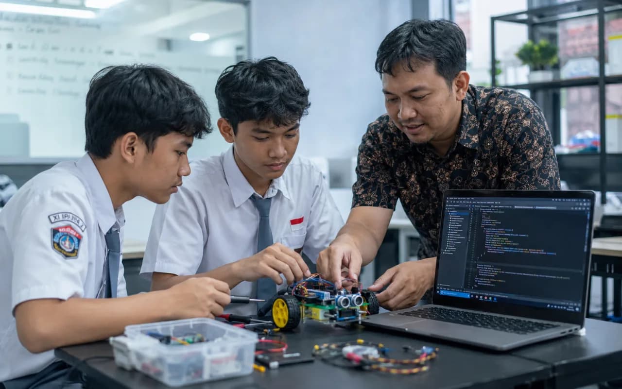 A teacher helping two students assemble a robot beside a laptop showing code